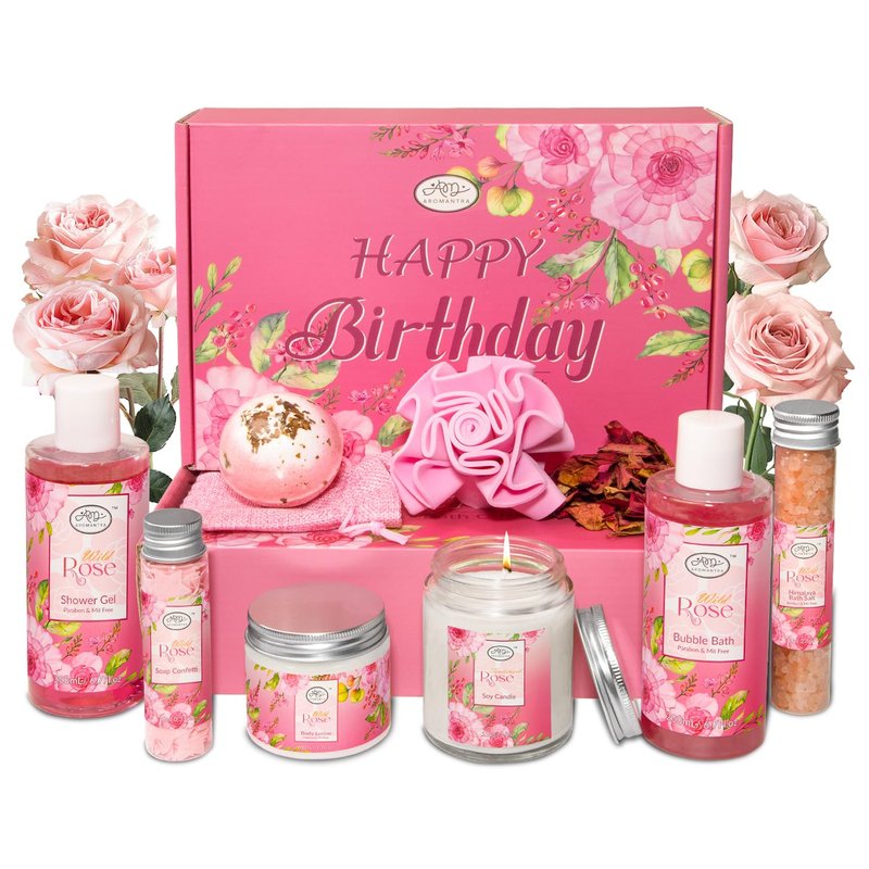 AM AROMANTRA Luxury Spa Gift Set for Women, Whole Body, Bath Set, Bath Gift Set, Rose Scented, 10 Pcs, Self Care, Best Friend, Mom, Sister, Valentine's Day Gift