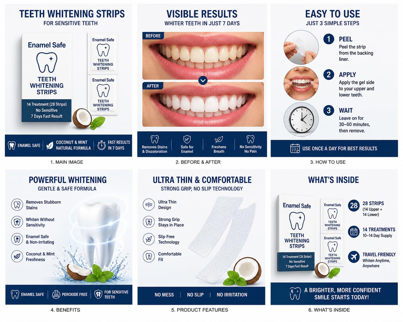 Teeth Whitening Strips for Sensitive Teeth – 28 Strips (14 Treatments) – Coconut & Mint – Gentle, Enamel Safe, Visible Results in 7 Days