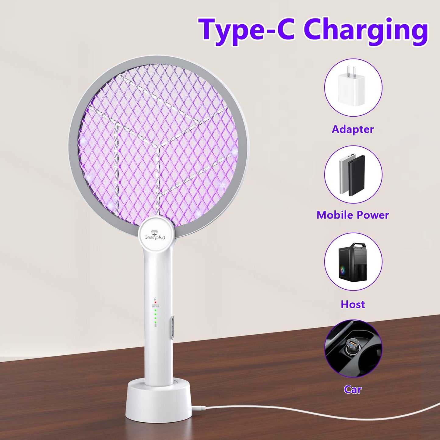 GooQand Bug Zapper Racket, 2 in 1 Mode Electric Fly Swatter USB Rechargeable, 4000V Electric Fly Zapper with 3 Layer Safety Mesh, Indoor Outdoor Electric Racket for Kitchen, Bedroom, Camping