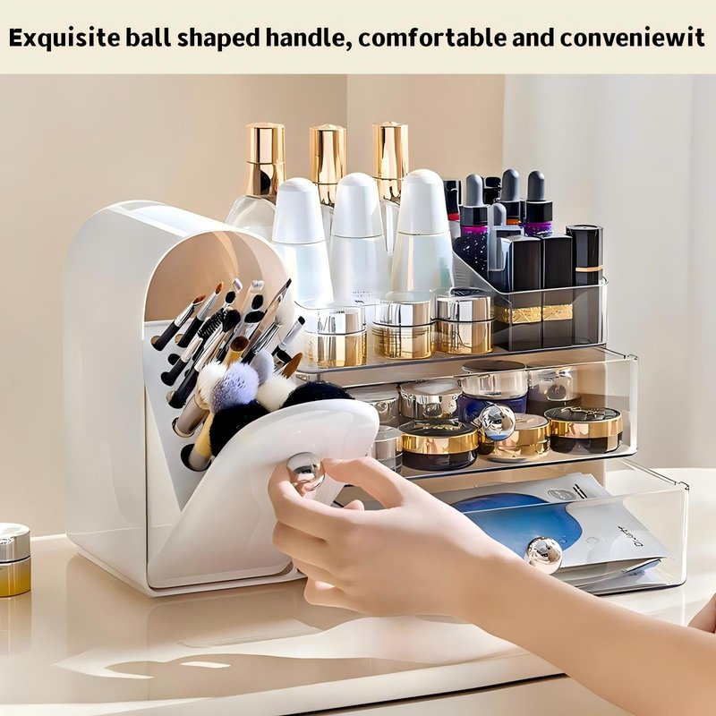 RONGZHIERK Makeup Organizer for Vanity with Covered Brush Holder，Bathroom Organizers with Drawer，Skin Care Organizer，Makeup Organizers for Vanity with Drawer，Large Makeup Storage for Dresser, White