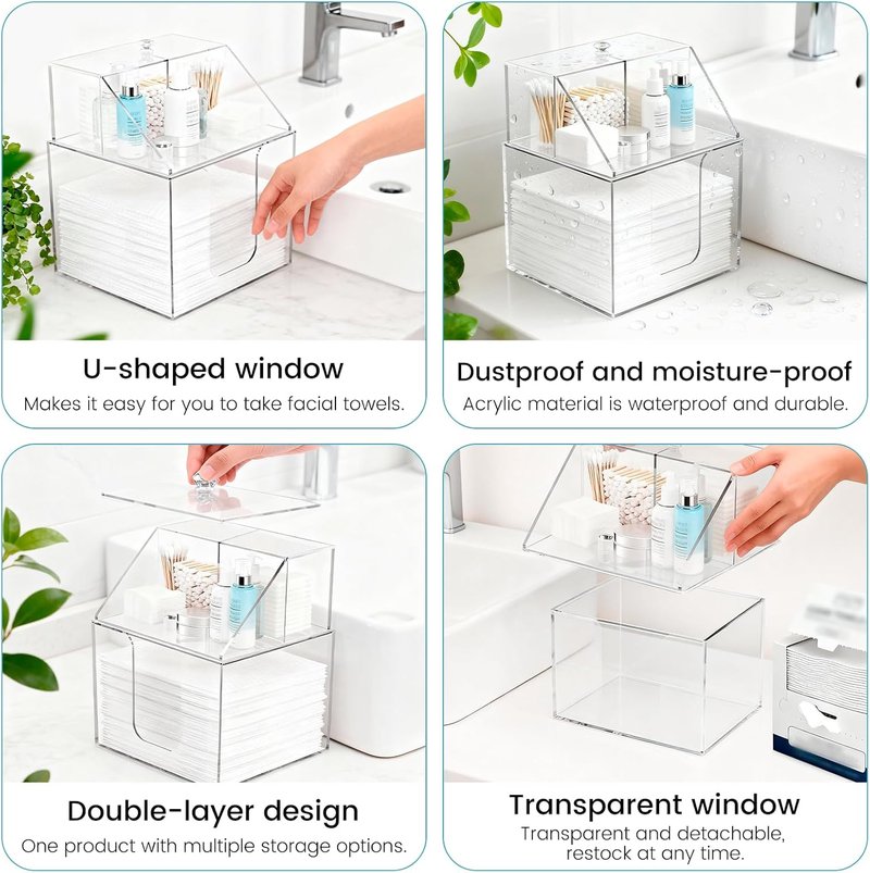 Face Towel Storage Box - 3-in-1 Detachable Acrylic Holder for Bathroom & Vanity | Fits 50 Towels, Clear
