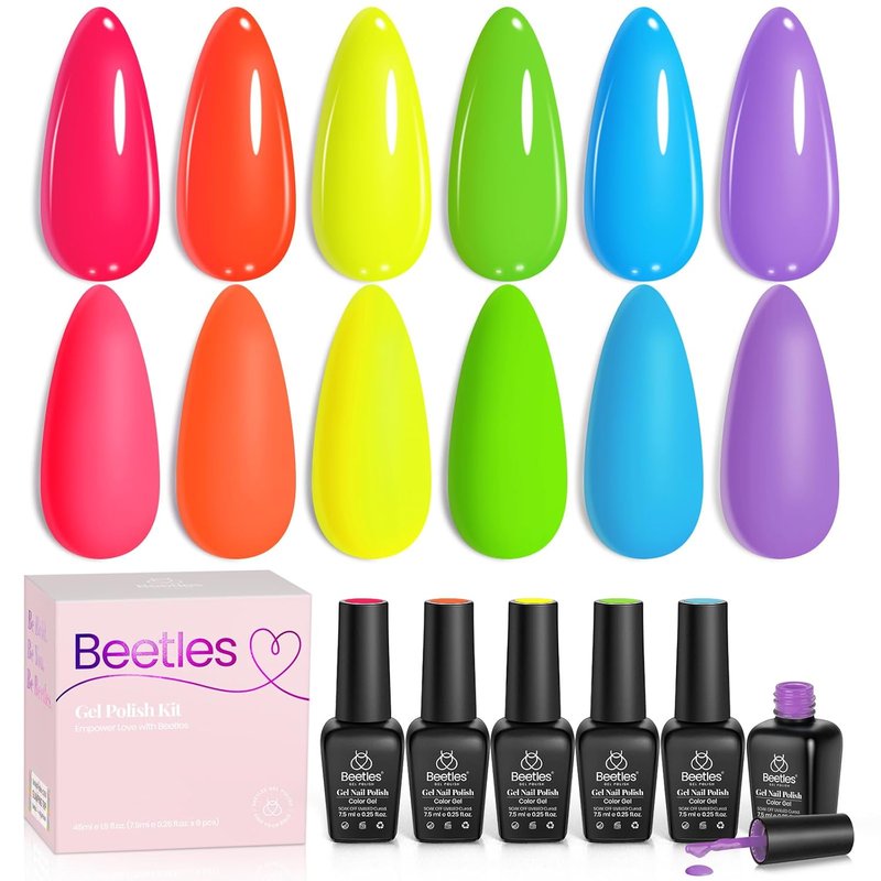 Beetles Neon Gel Nail Polish - Rainbow Kingdom, 6 Colors Hot Pink Blue Yellow Green Summer Gel Nail Polish Set, Soak Off UV LED Bright Rainbow Summer Nails Art, Long-Lasting Manicure Salon DIY Home