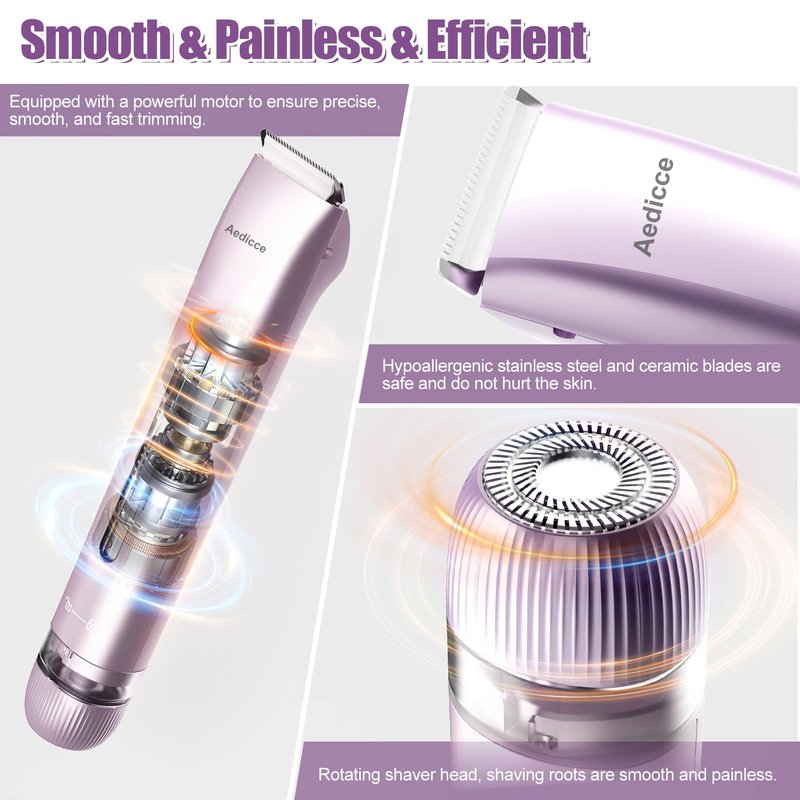 Bikini Trimmer for Women 2 in 1, Dual Head Womens Electric Shaver, Electric Razors for Pubic Hair, IPX7 Waterproof Rechargeable Facial Hair Removal for Shaving Underarm Leg Arm Body Face, Purple