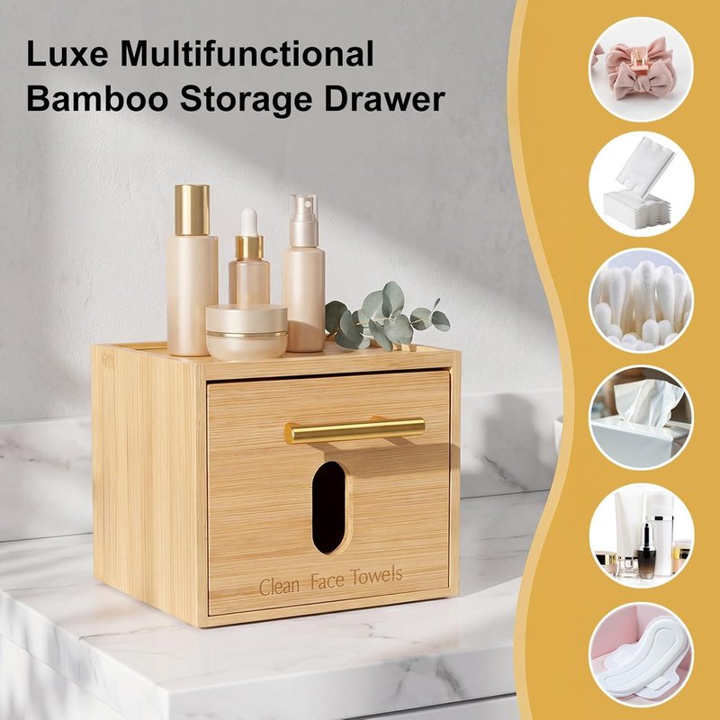 Bamboo Face Towel Holder - Wall Mounted Skincare Organizer with Cotton Swab Box | 60 Disposable Towels Included
