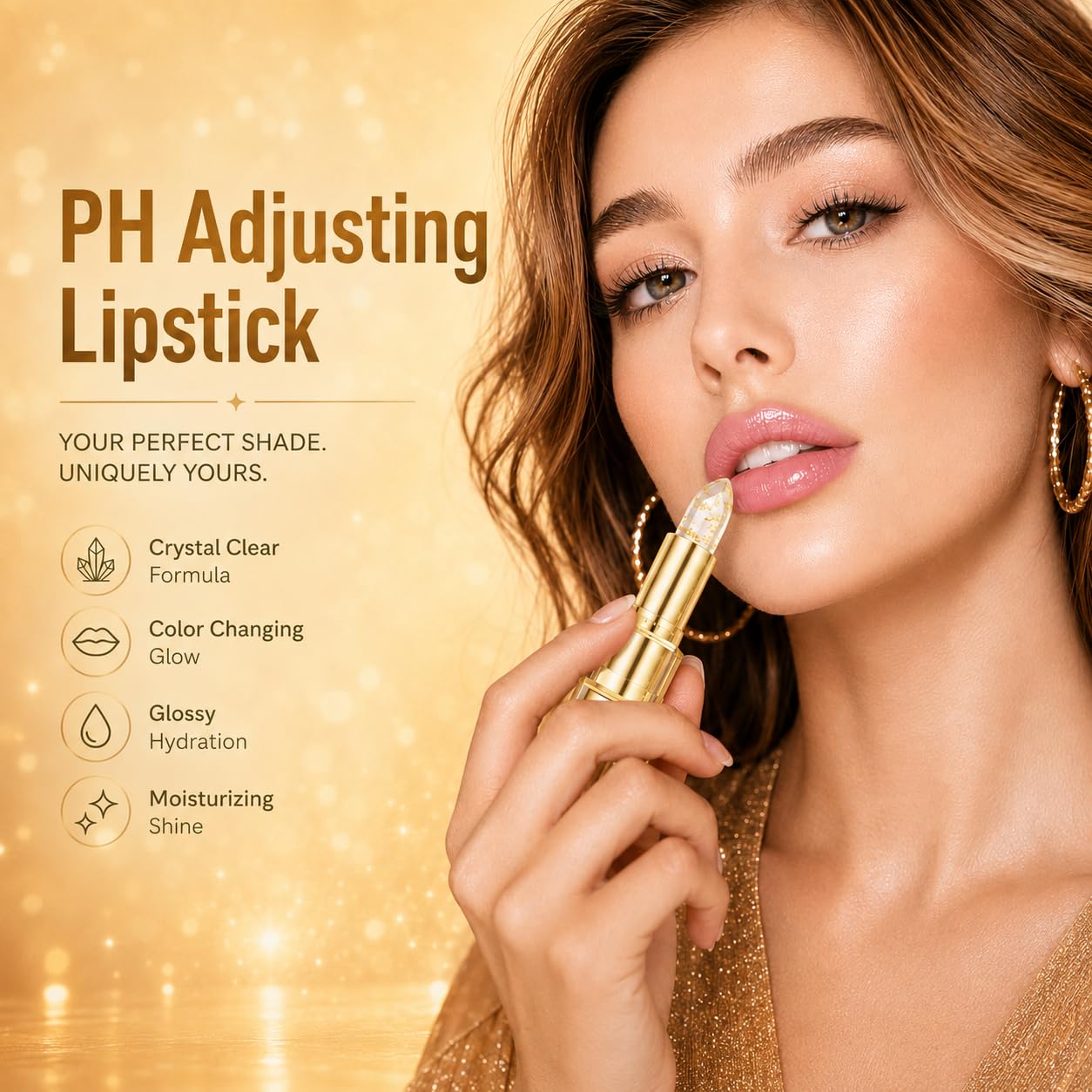 Yeweian pH Adjusting Lipstick, Transfer Proof Color Changing Lipstick, Gold Crystal Clear Lip Stick That Changes Color, Moisturizing Glossy Shine Lip Balm, Hydrating Non-Sticky Lip Gloss for Women