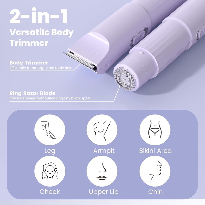 Bikini Shaver Womens Electric Razor 2-in-1 Electric Bikini Trimmer for Women Ainless Electric Razors for Pubic Hair, Face, Legs, Ipx7 Waterproof Underarms Electric Bikini Trimmer for Women