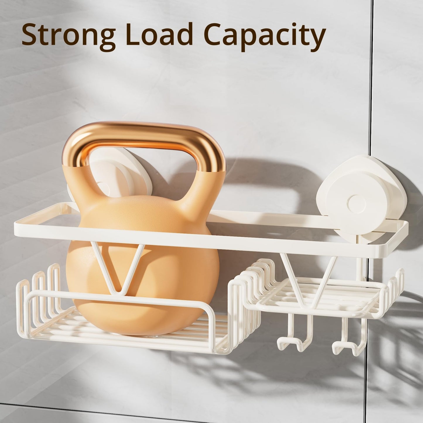 KEGII Shower Caddy Suction Cup with Soap Holder and Hooks, Removable Suction Bathroom Organizer Shelf, No Drilling Shower Organizer, Stainless Steel Shampoo Holder for Bathroom Storage, Cream White