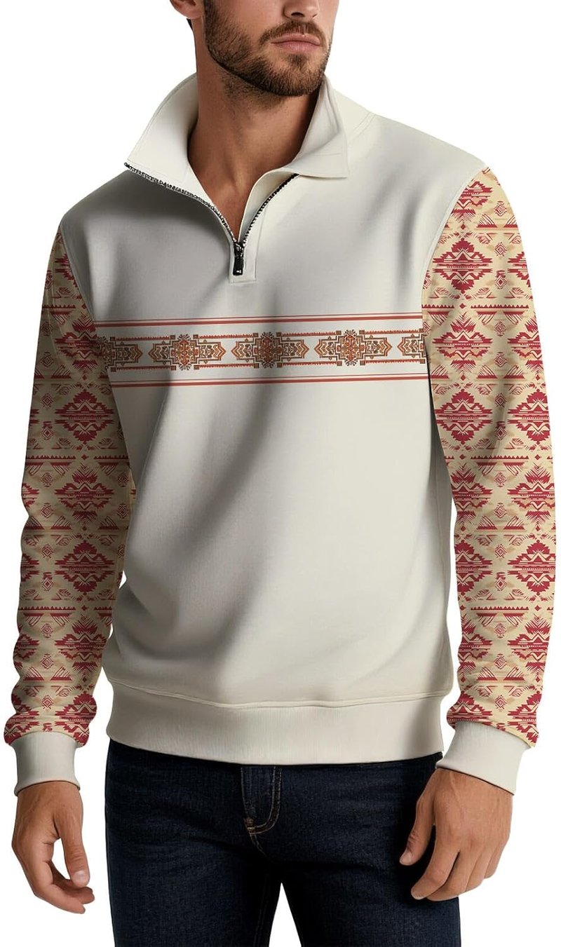 Men's Half Zip Pullover Sweatshirt - Ethnic Geometric Pattern | Casual Fall & Winter Top