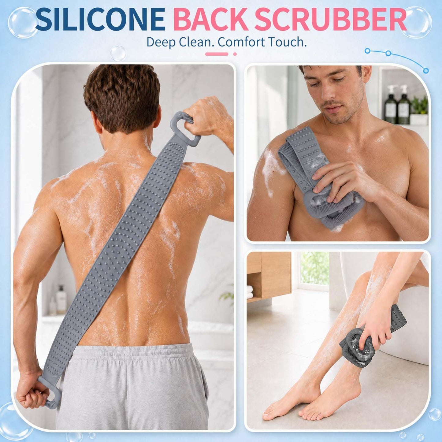Manmihealth Silicone Back Scrubber for Shower, 36'' Extendable Back Washer with Long Strap Handle, Dual-Sided Silicone Body Brush for Men and Women (Gray)