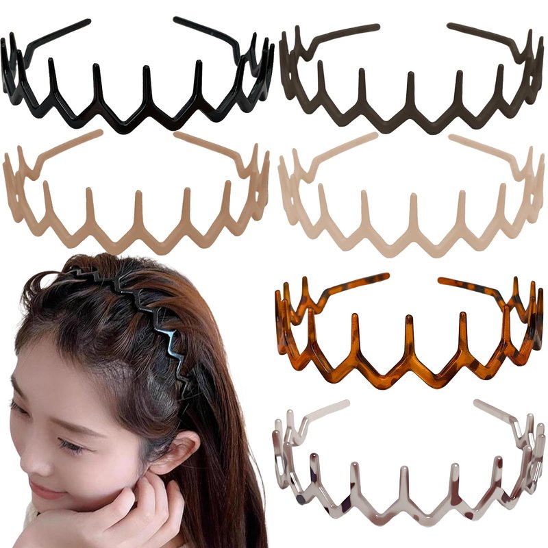 ELLOPH 6 Pack Zig Zag Headbands for Women, Non Slip Headband with Teeth, Plastic Hair Bands for Daily Work Makeup Sports 90s Retro Style Hair Accessories for Women Girls