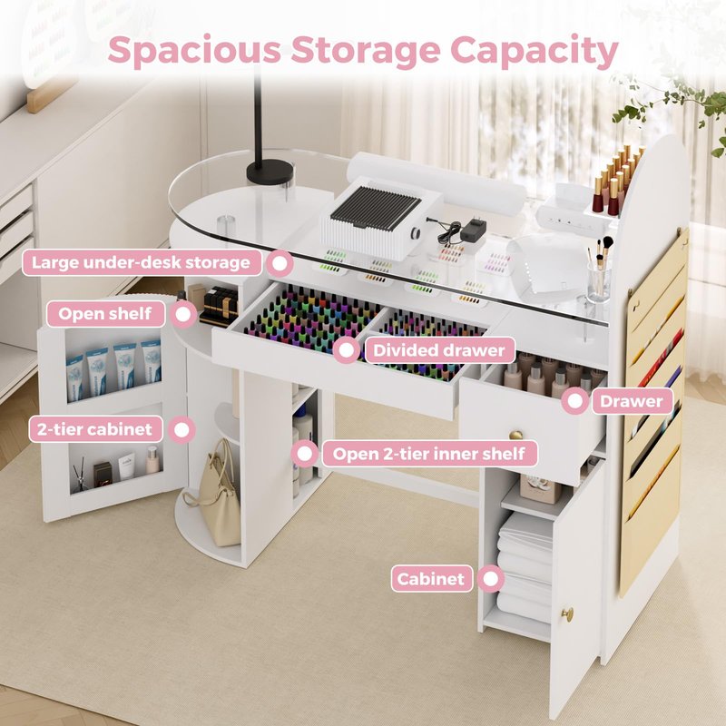 HolaiNail Manicure Table with Dust Collector, Professional Nail Tech Desk with Tempered Glass Top, Storage Cabinet & Drawer, Acetone Resistant, for Nail Beauty Salon Workstation(White)