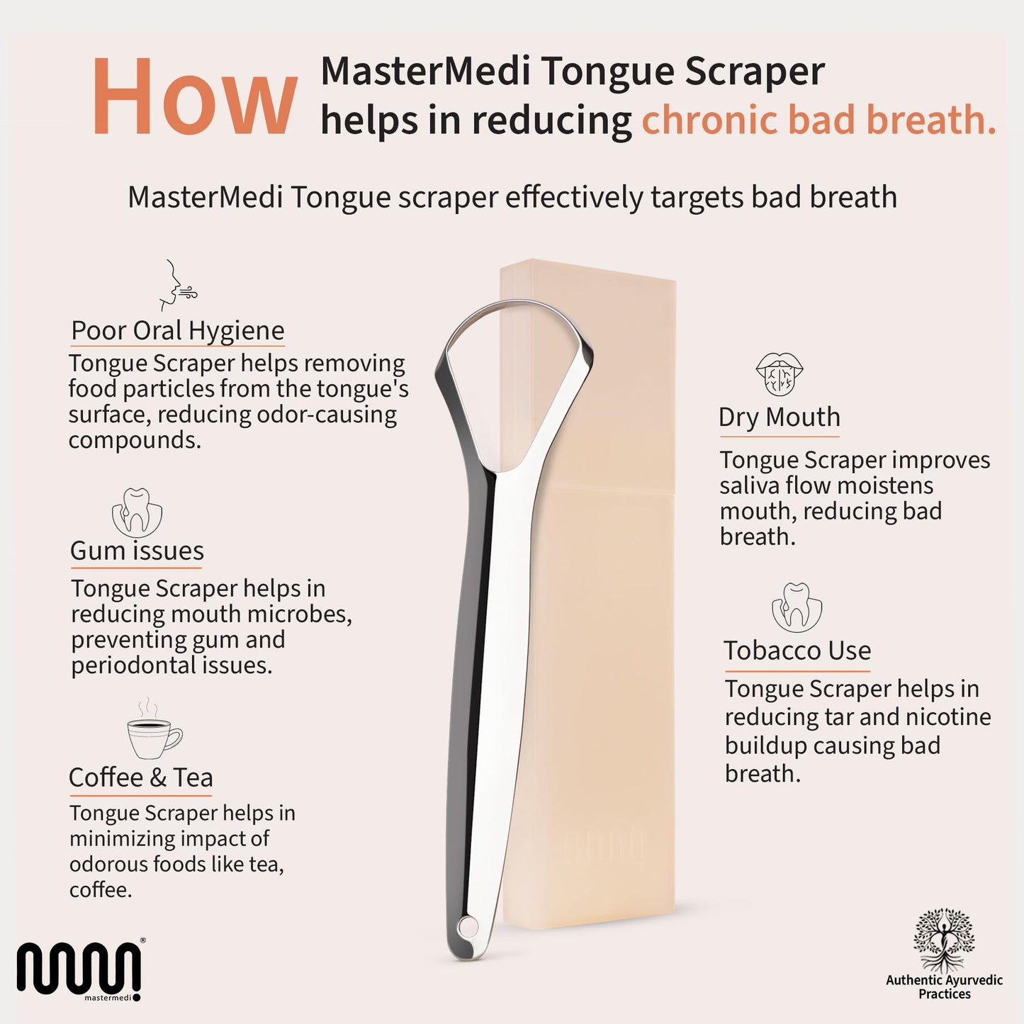 MasterMedi Tongue Scraper for Adults, 100% Stainless Steel Tongue Scrubber for Bad Breath, Easy to Use, Tongue Cleaner for Oral Care & Hygiene (SPTC-1|with Case)