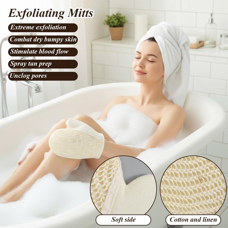 Afcabakila Natural Loofah Sponge Exfoliating Body Scrubber for Shower and Bath, Pack of 6 Pads & Glove, Natural Egyptian Luffa for Men and Women, Eco-Friendly Face and Body Clean