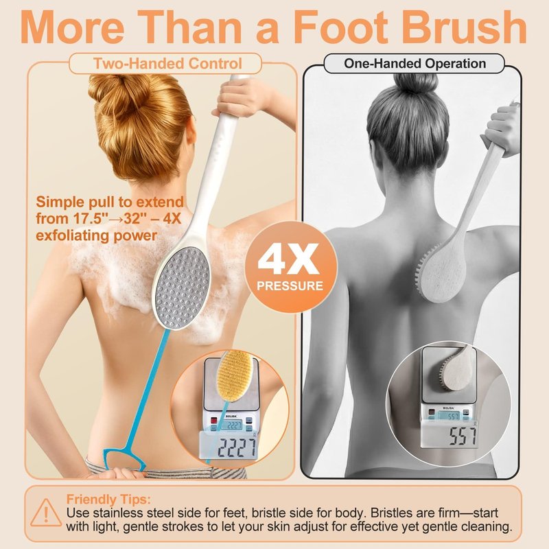 BUBBLEDANCE® Foot Scrubber & Callus Remover, 2-in-1 Long Handle Foot Brush with Stainless Steel Scraper and Hard Nylon Bristles, Exfoliating Feet Scrubber Dead Skin Remover for Shower