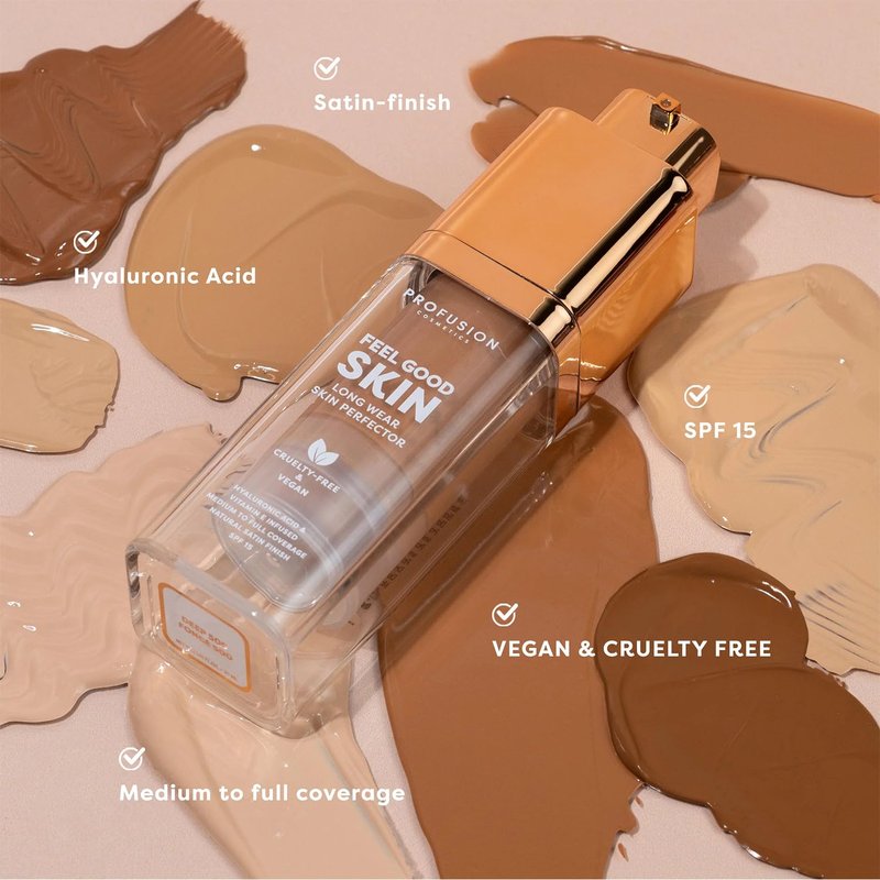Profusion Cosmetics Feel Good Skin Foundation – Radiant Satin Finish, Buildable Coverage with SPF 15 Sun Protection, Hydrating, Lightweight, Vegan & Cruelty-Free Makeup (Tan 400, 1)