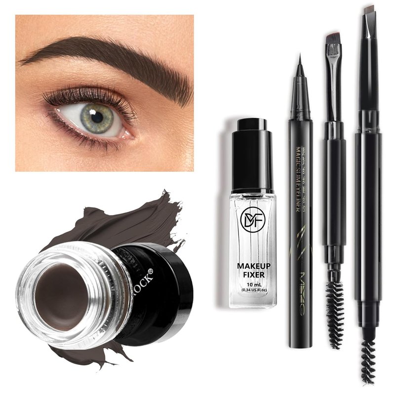 Eyebrow Pomade Pencil Kit - Waterproof Mixing Liquid & Dual-Ended Brush | Dark Brown
