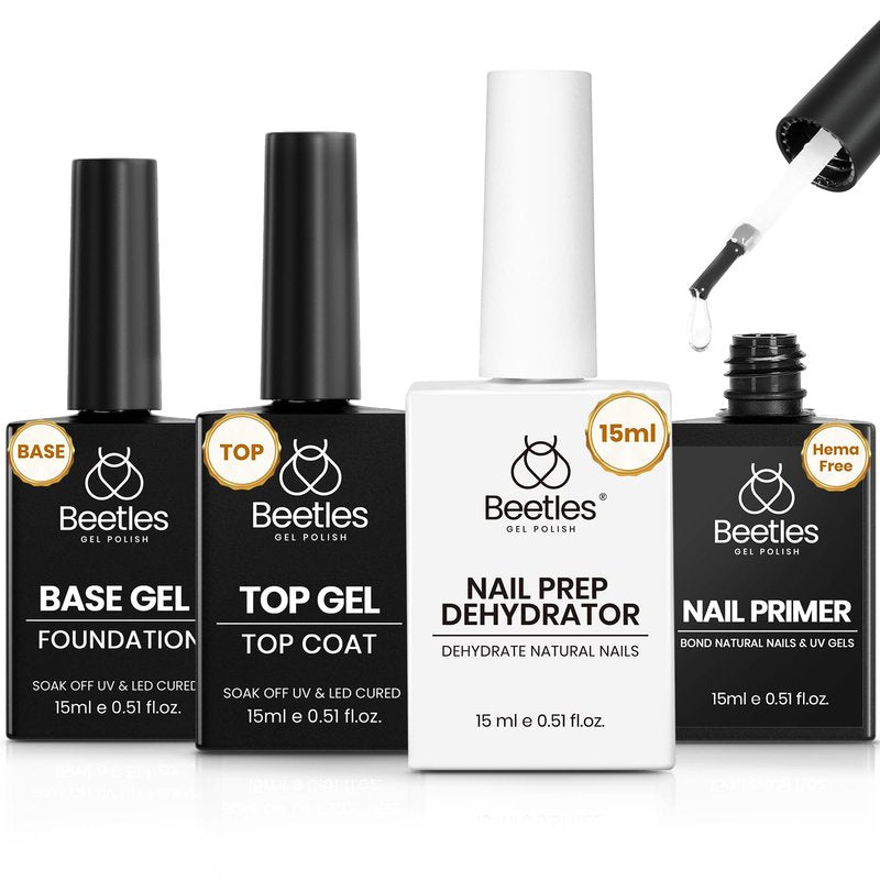 Beetles 4Pcs Gel Top Coat and Base Coat with Nail Dehydrator and Primer Set - Acid-Free & Hema-Free Nail Bond for Gel Polish & Acrylic Nails, Long-Lasting for Professional Manicure Prep Kit