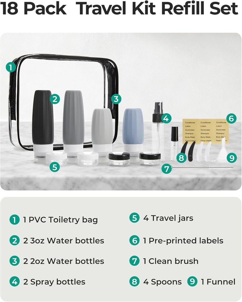 BAGSMART Travel Bottles - 18 Pack TSA Approved Leak-Proof Silicone Containers for Toiletries | Grey