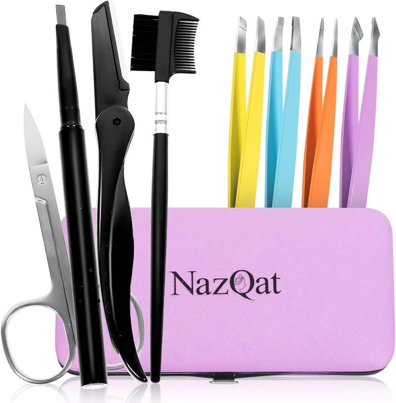 8-in-1 Eyebrow Grooming Kit for Men & Women - Precision Tweezers, Razor, Scissors & Brush | Luxury Padded Case