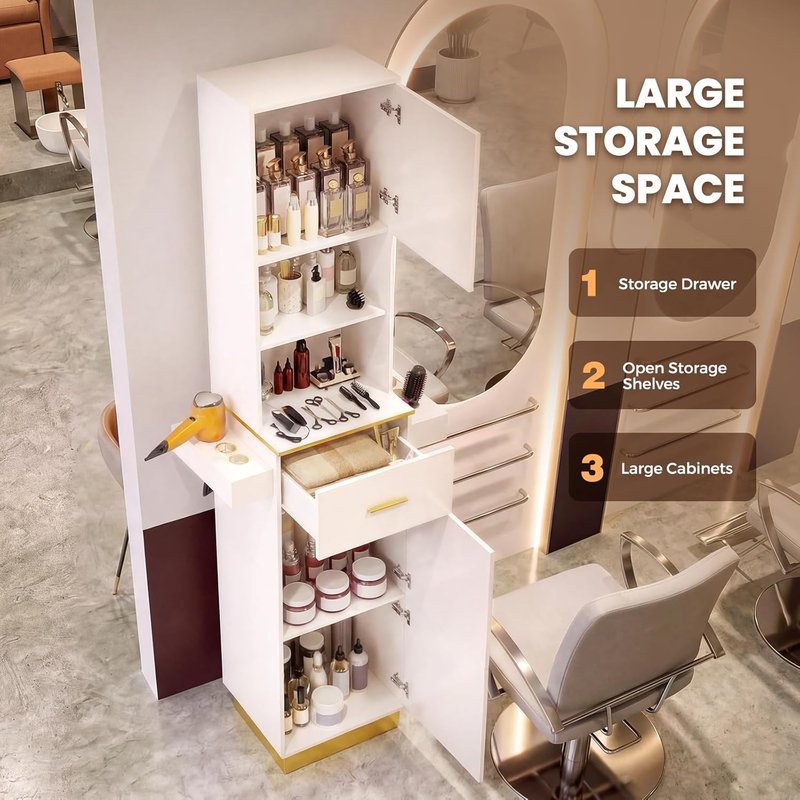 Salon Stations for Hair Stylists - Tall Hair Salon Station with 6 Tool Holders, Drawer & 3 Storage Cabinets | White
