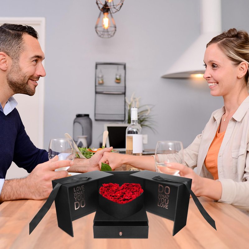 GLEAVI Heart Shaped Flowers with Square Lids Black - Hearts Floral Bouquet Packing Box Double Layer Arrangement Jewelry Paper Cardboard Treat Box for Girlfriend Wife Mom