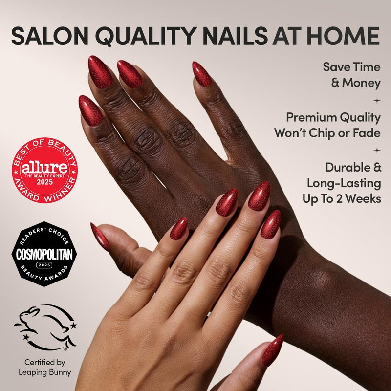 Glamnetic Press On Nails - Ruby Slipper | Deep Red Sparkly Short Almond Fake Nails with a Velvet Finish, Salon Quality | 15 Sizes - 30 Nail Kit with Glue