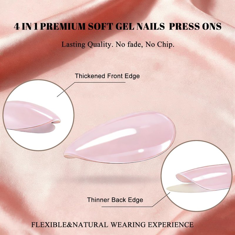 JOYVVEW Chrome Dusty Pink Press on Nails Short Almond, Glazed Gel Fake Nails with Glue for Women Wedding & Everyday, Reusable Handmade Thick Glue On Nails with High Gloss in 15 Sizes, 30 Pcs