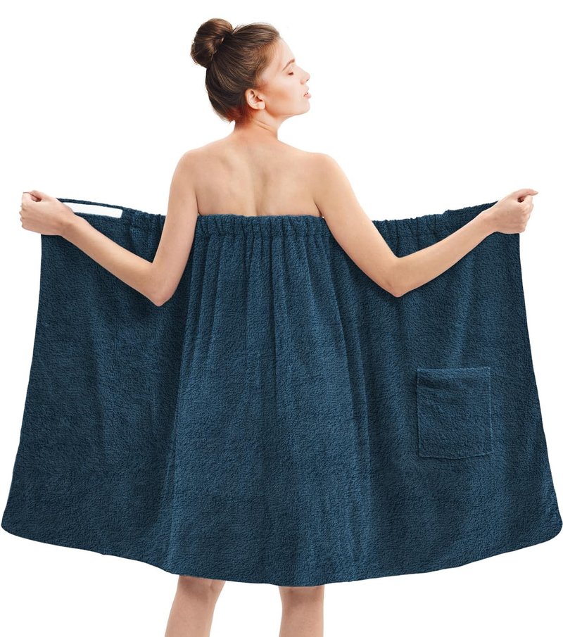 DAN RIVER Premium Cotton Terry Shower Wrap for Women, Ultra Soft Bath Robe After Shower with Pockets,Pack of 1 - Blue Opal