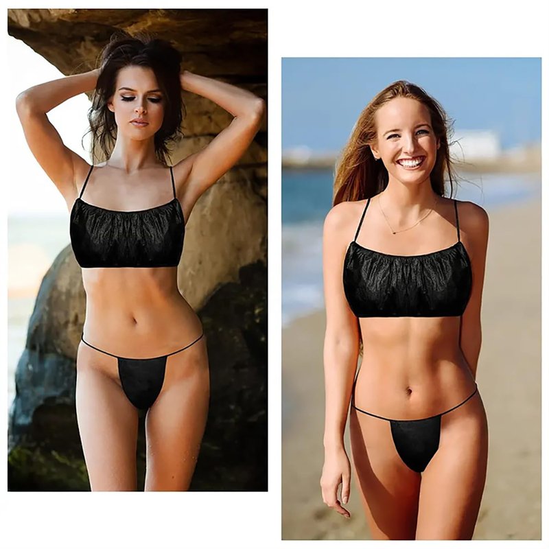 FRASTORDER 50 Pairs (100 Pcs) Disposable Bra and Underwear Set - Black Disposable Thongs & Bras for Spa, Spray Tan, Massage & Waxing - Non-Woven Breathable Salon & Travel Supplies