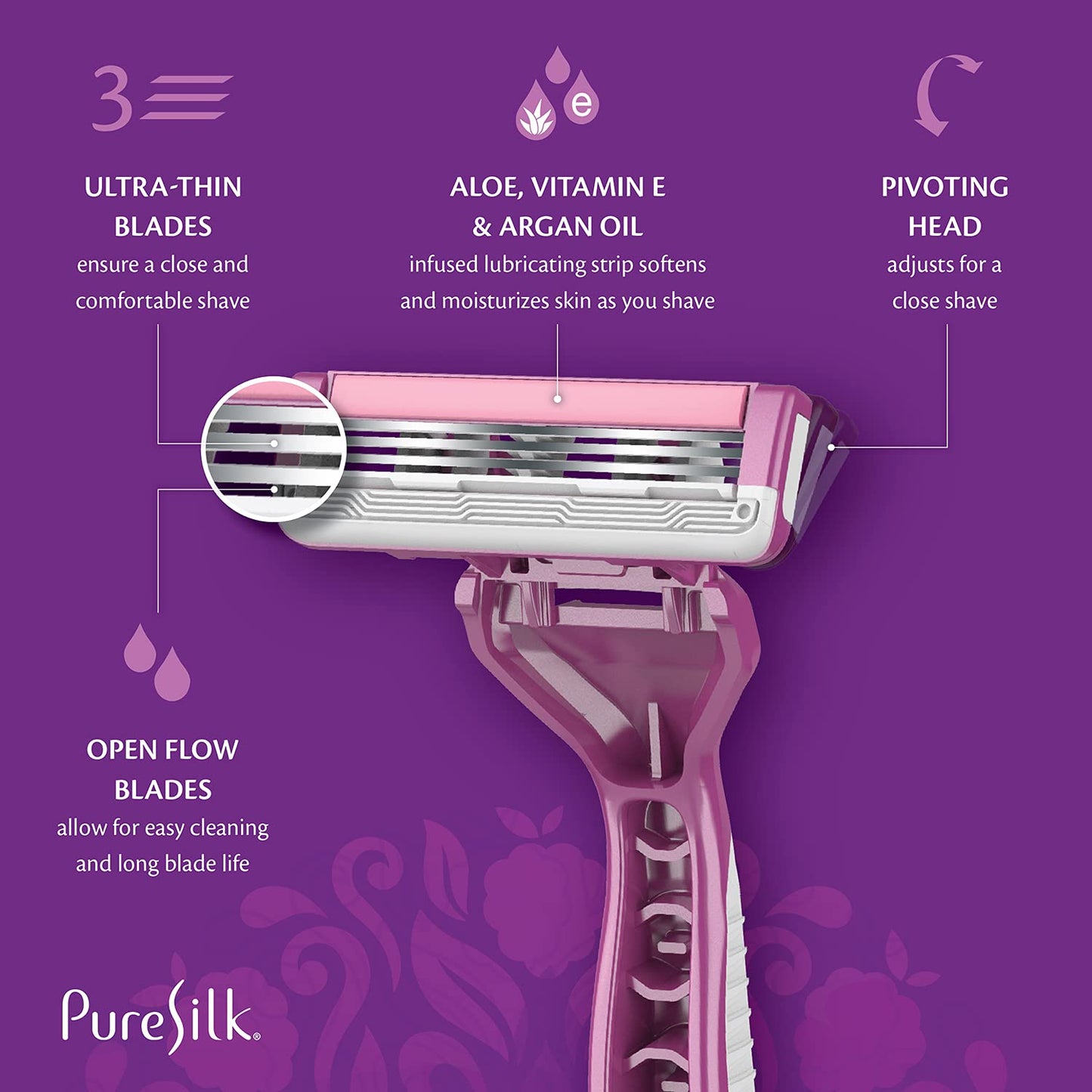 Pure Silk Contour 3 Disposable Razors for Women | 3-Blade Premium Razor Value Pack | Pivoting Head, Dual Moisture Bars Infused with Aloe, Vitamin E, Argan Oil | 3 Packs (9 Total Razors)