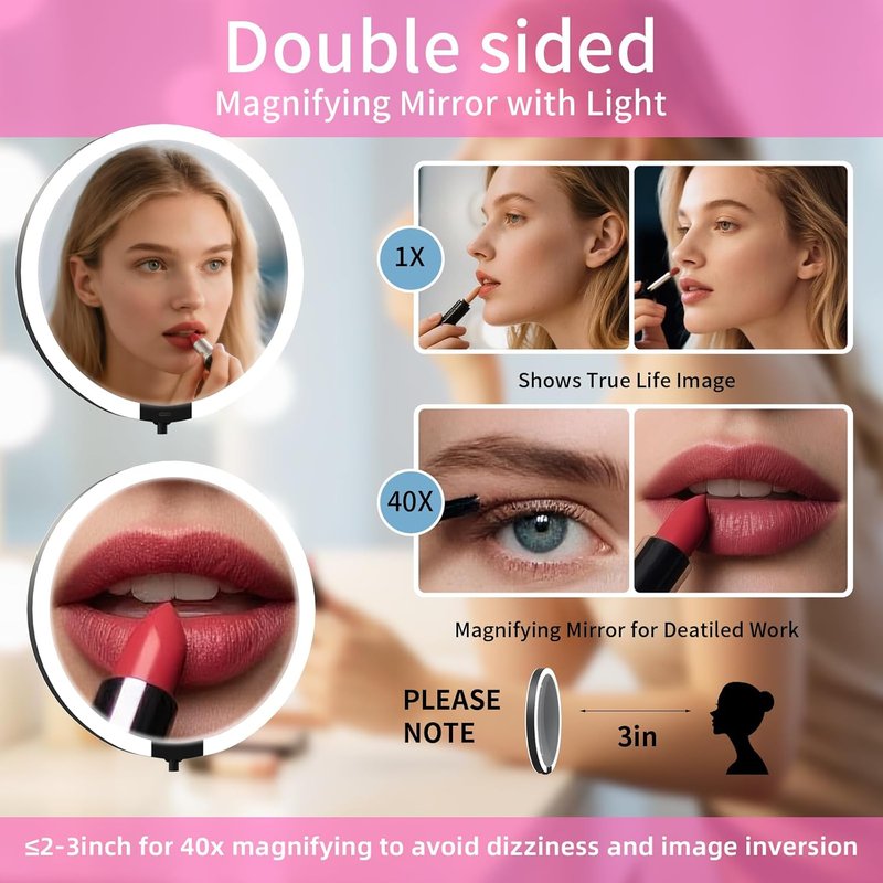 Magnifying Makeup Mirror with Light - 40X/1X Double-Sided, Rechargeable, 6-Inch, 360° Adjustable, Foldable Design
