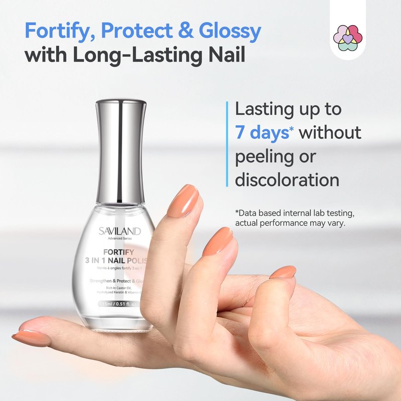 SAVILAND 3-in-1 Base & Top Coat & Nail Strengthener: 15ml Quick Air Dry Clear Nail Polish Nail Strengthener and Growth for Damaged Nails Nail Treatment Glossy Regular Nail Lacquer Women Gift