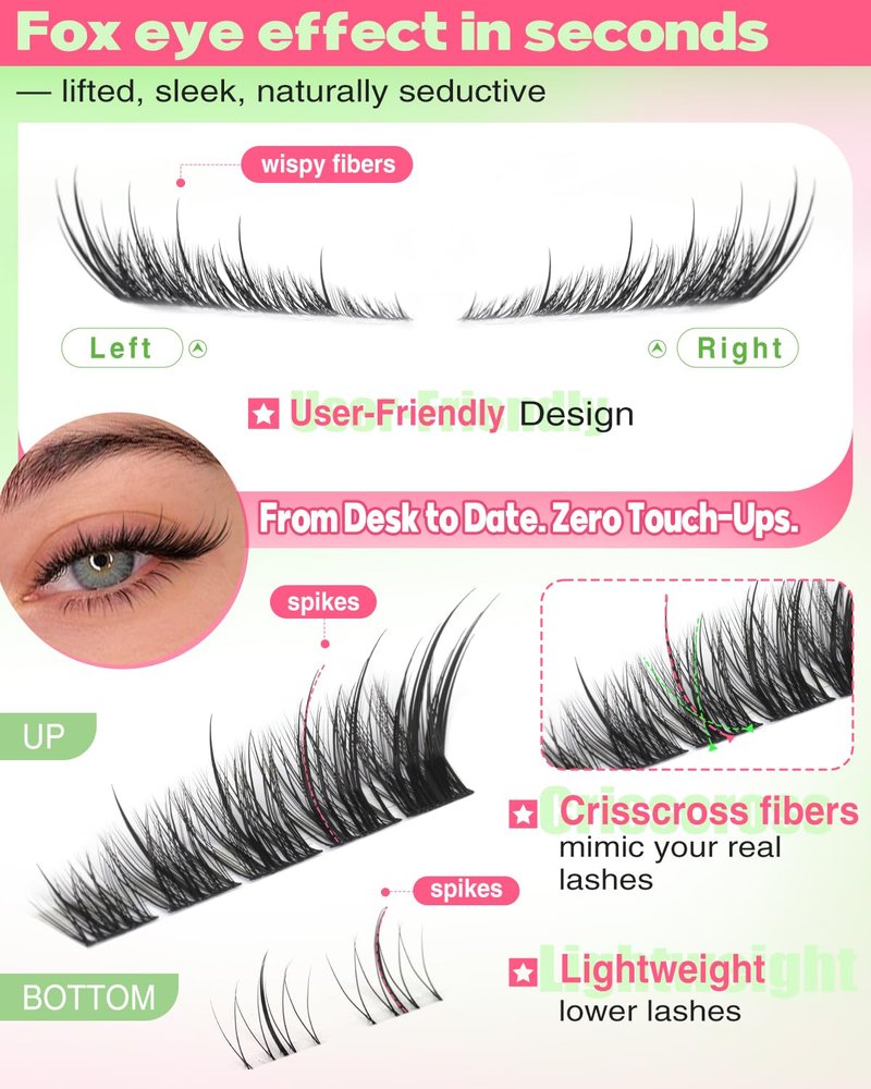 Focipeysa Wispy Lash Clusters Spiky Eyelash Clusters 10-18mm Eyelash Extensions Fox Eye Eyelash Right Left Individual Lashes Foxtail Lashes Thin Soft Lash Extension Waterproof Lash Cluster