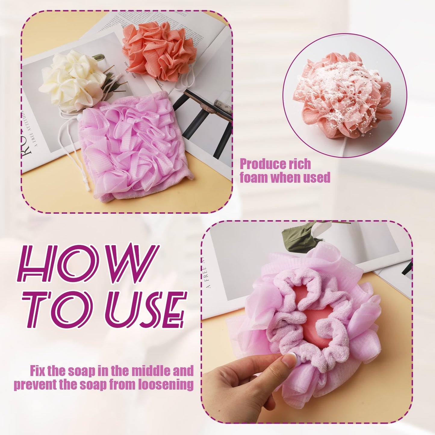 4 Pcs Shower Loofah Set & Exfoliating Mesh Loofahs, Body Scrubber Ball, and Bath Loofah for Men & WomenLarge Bath Sponge Pouf, Large Shower Loofah Set