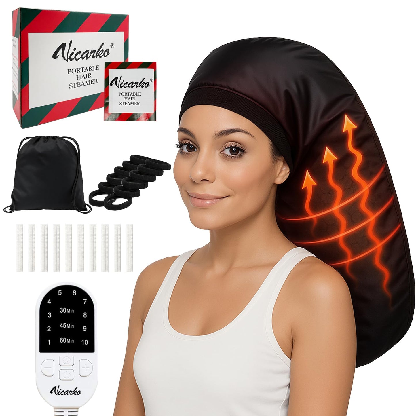 VICARKO Steamer Cap for Deep Conditioning - Extended Hood with 10 Heat Levels, 3 Timers, Portable Thermal Treatment for Natural Curly Hair, Black