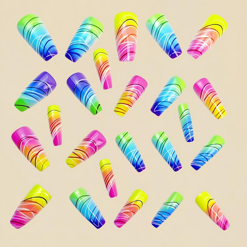 Skiennix Colorful Gradient Press-On Nails - Medium Coffin Shape with Rainbow Designs | 24 Pcs Glossy Acrylic Nail Art for Women & Girls