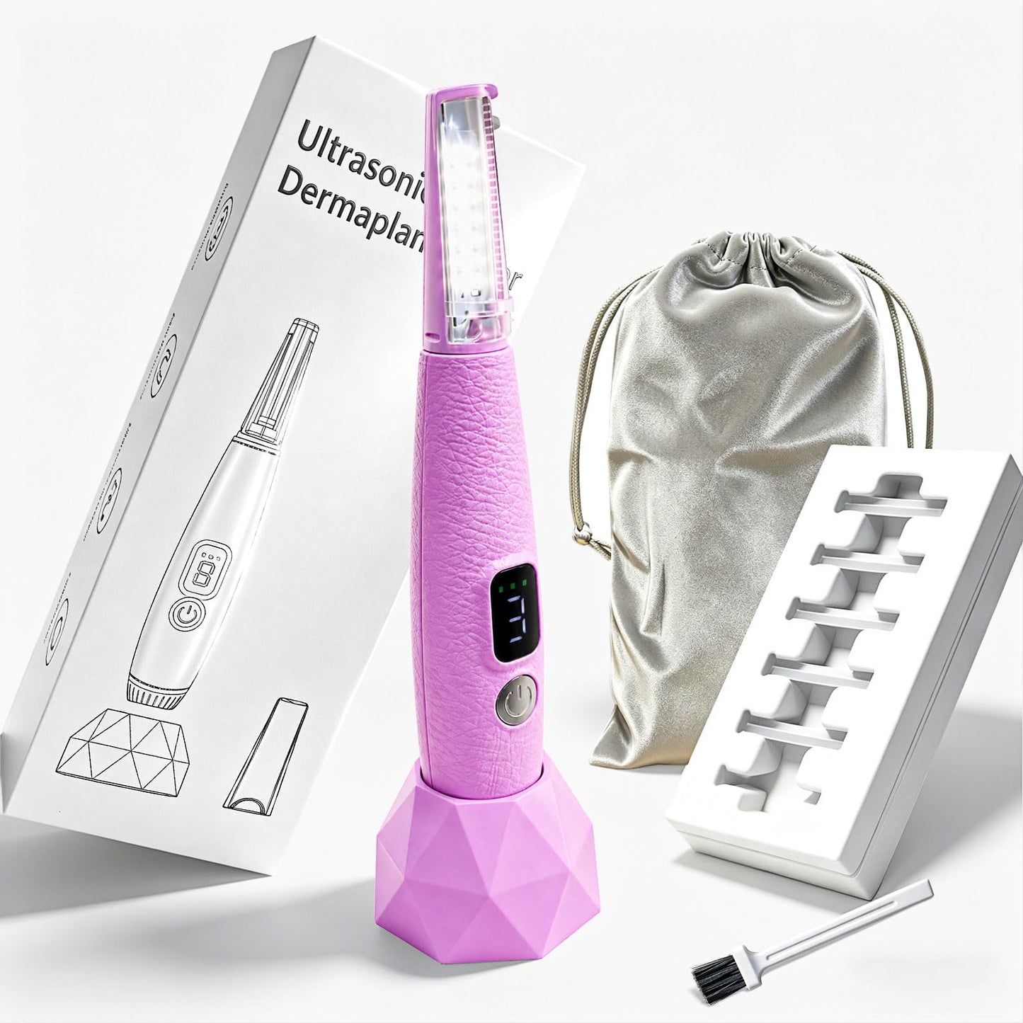 Sonic Dermaplane Razor for Women Face with 12 Refill Blades, Dermaplaning Tools for Peach Fuzz & Exfoliation, Eyebrow & Face Hair Remover,3 peeds,LED, Rechargeable Dermaplane Razor,Pink
