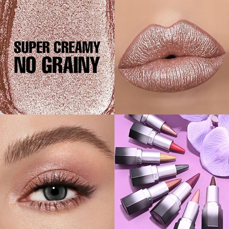 evpct Shimmery Metallic Lip Liner and Lipstick Combo, Cone Tip Lip Crayon for Women Long Lasting Waterproof, Metal Shinny Hydrating Lipstick Makeup, Glitter Lips Liner Pencil for Shimmery Shade