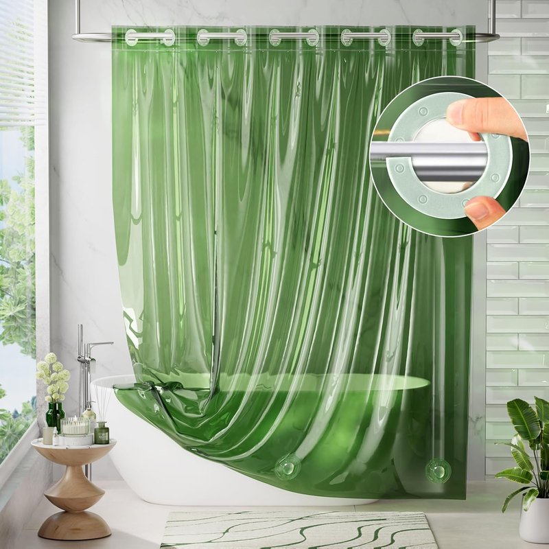 AmazerBath Hookless Shower Curtain Liner - 100% EVA Heavy Duty, 72x75 Clear Green with 3 Weights