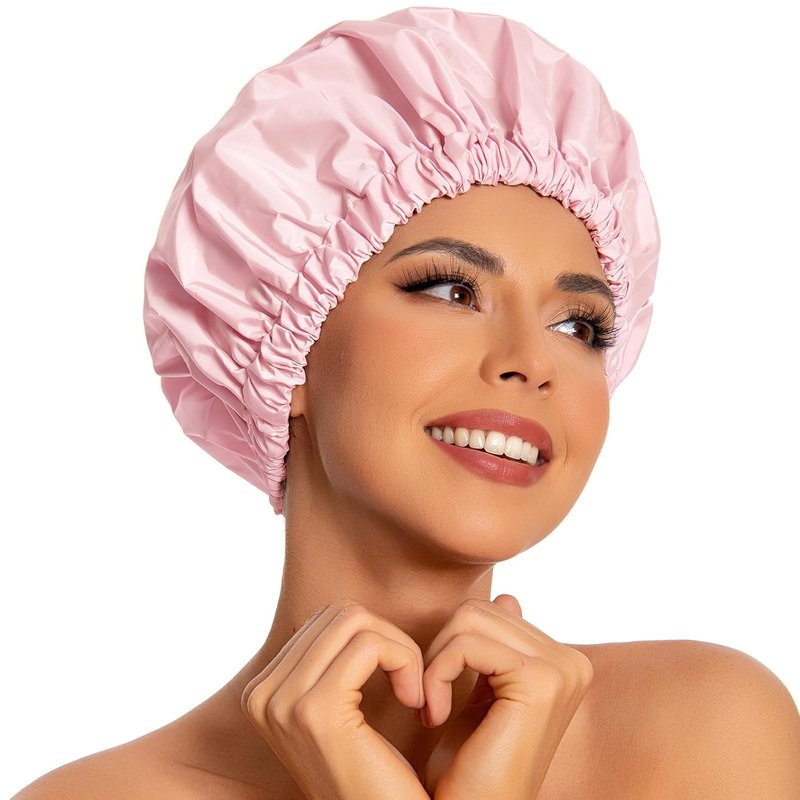 Reusable Shower Cap for Women - Large Waterproof Bath Hair Hat with Elastic Band | Pink for Long Hair & Braids