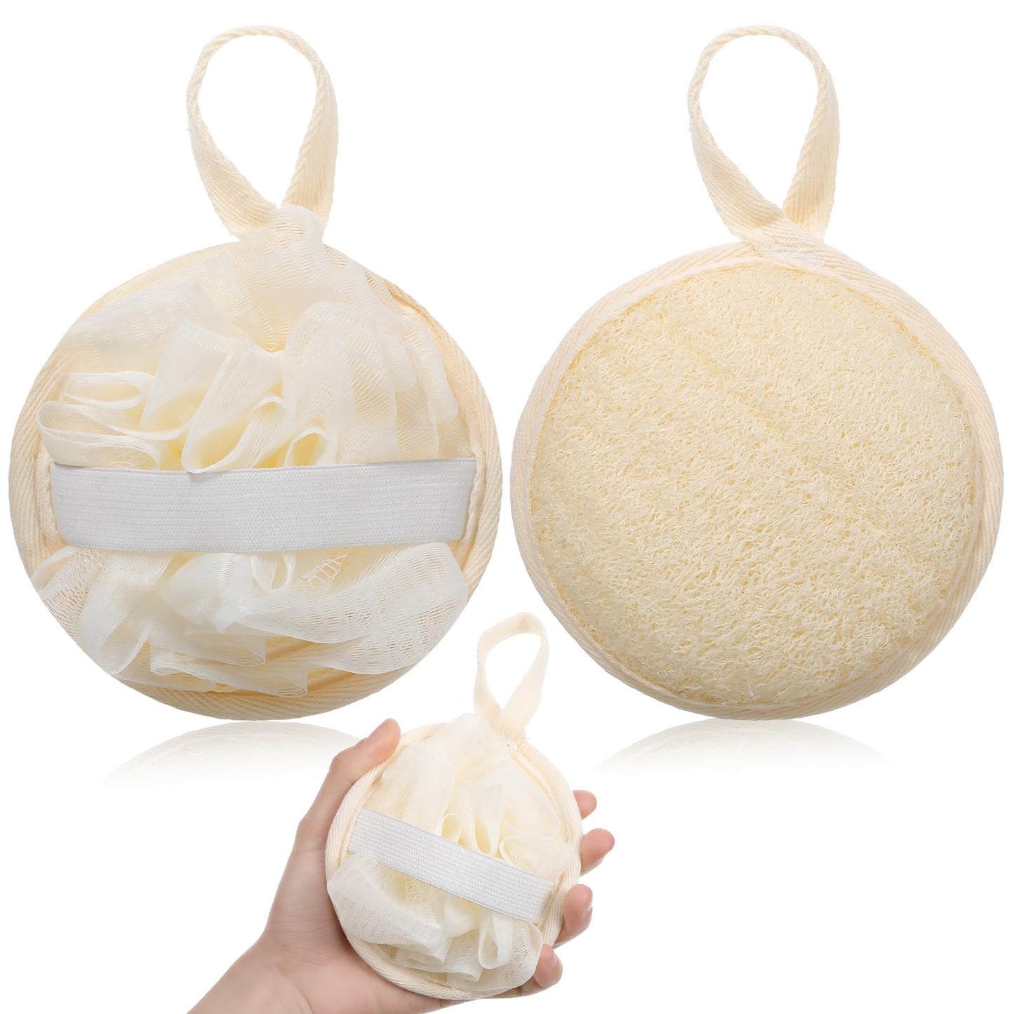 Nogeqi 2Pcs Natural Loofah Sponge with Strap, Natural Travel Loofah Gentle Exfoliating Round for Women Men Shower Bath