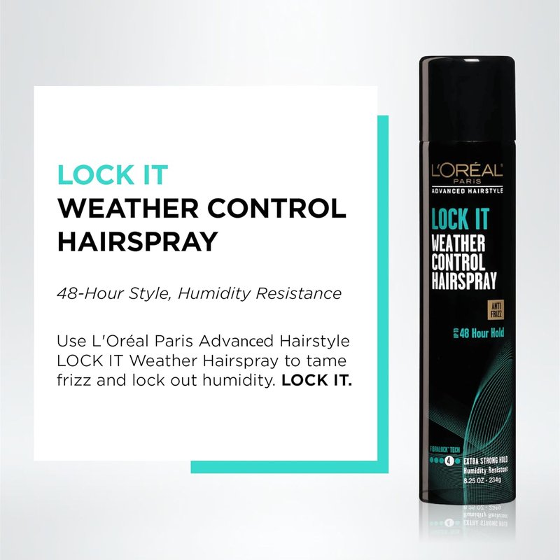 L'Oreal Paris Hairspray - LOCK IT Weather Control for 48-Hour Strong Hold | Humidity Resistant, Lightweight, 8.25 oz