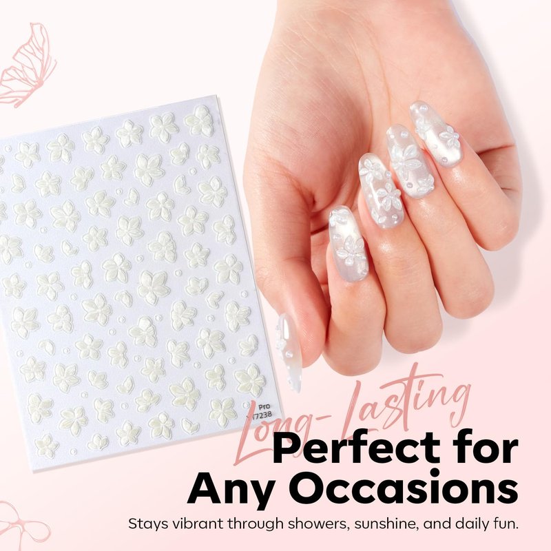 Modelones Nail Stickers, 3D Embossed Lace Pearls Nails Supplies Butterfly Nail Art Design for Summer Holiday Manicure DIY Nail for Women & Kids 5Pcs