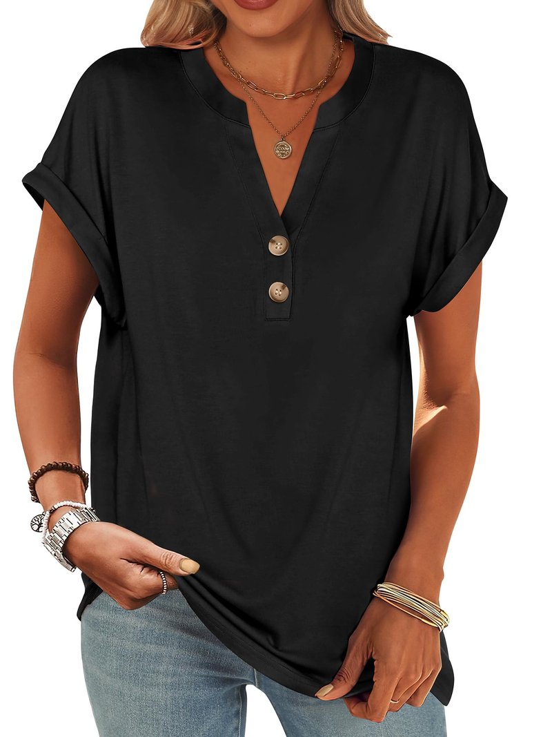 ANRABESS Womens Short Sleeve Henley Tops V Neck Dressy Casual Blouses Summer Trendy Tee Shirts 2026 Vacation Fashion Clothes Black L