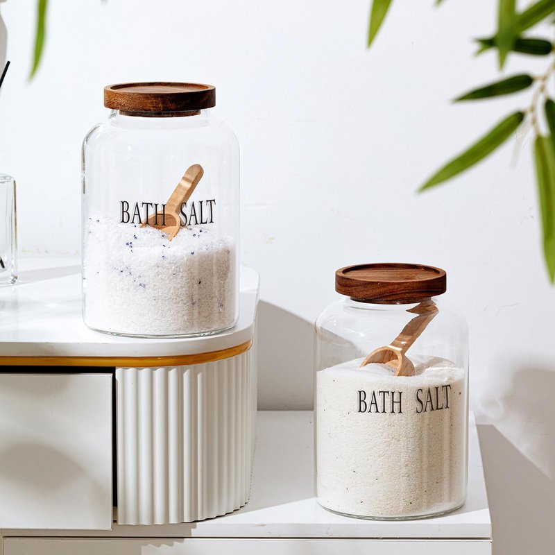 SiliFine 2 Sets 74 oz Large Bath Salt Container with Wooden Scoop for Glass Bath Salt Jar with Airtight Lid Storage Canister for Food, Flour, Sugar, Cookie, Kitchen