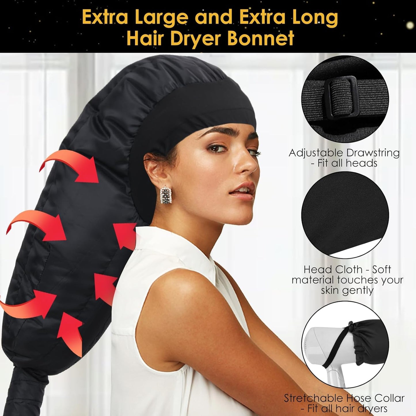 TEPENAR Hair Dryer Bonnet Attachment - Extra Large Adjustable Hooded Cap for Fast Drying Curly Hair - Black