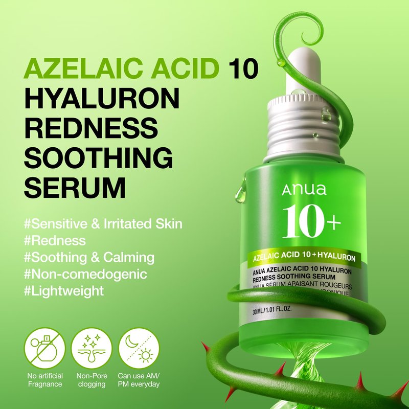 Anua Azelaic Acid 10 Hyaluron Redness Soothing Serum, Facial Serum for Blemish-Prone & Oily-Prone Skin, Lightweight & Hydrating Blemish Care, Hyaluronic Acid, Korean Skincare, 1.01 fl oz.