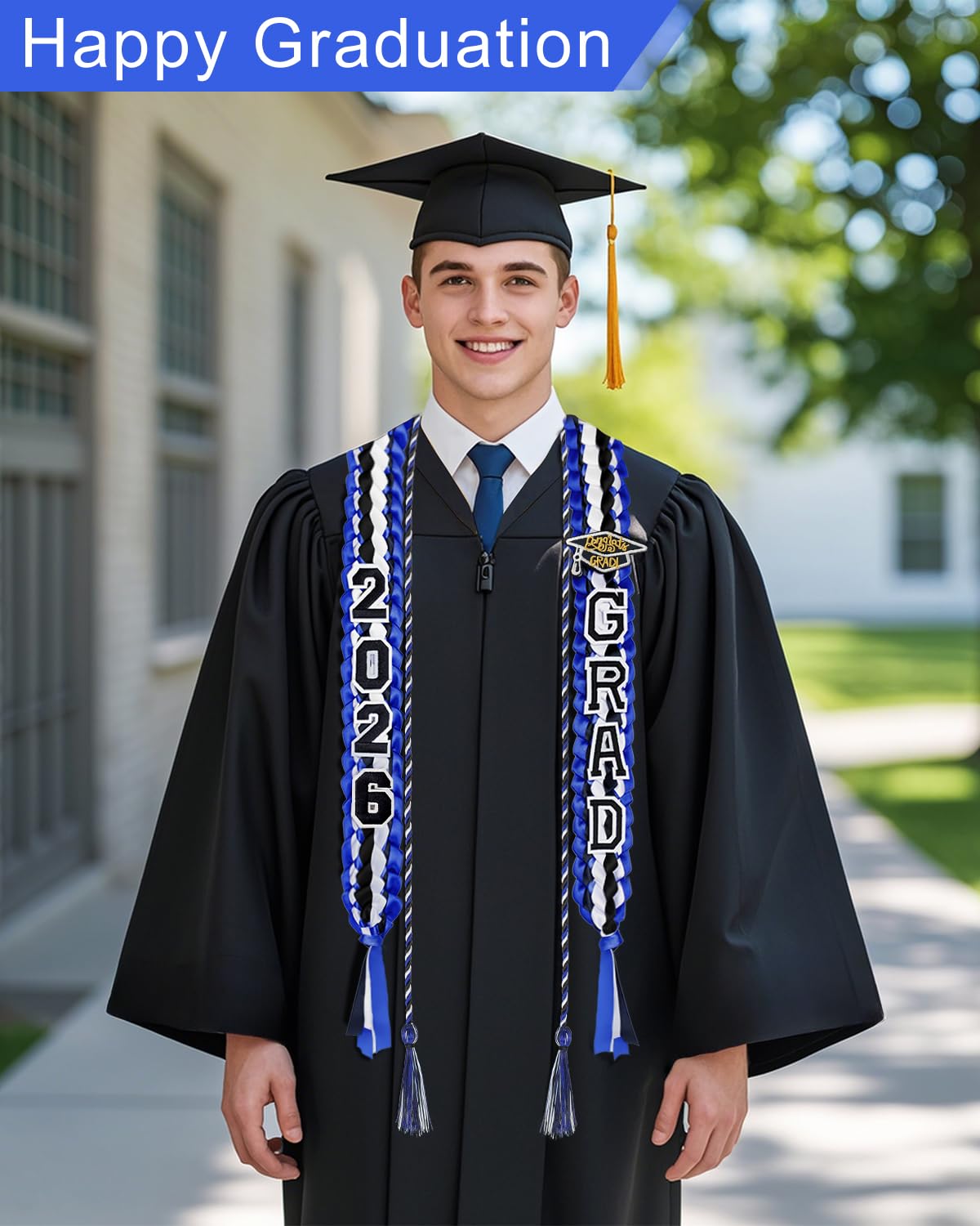 Yigney Graduation Lei Set Class of 2026 Grad Ribbon Leis with Honor Cord Double Braided Graduate Leis for Men Women Blue Black White