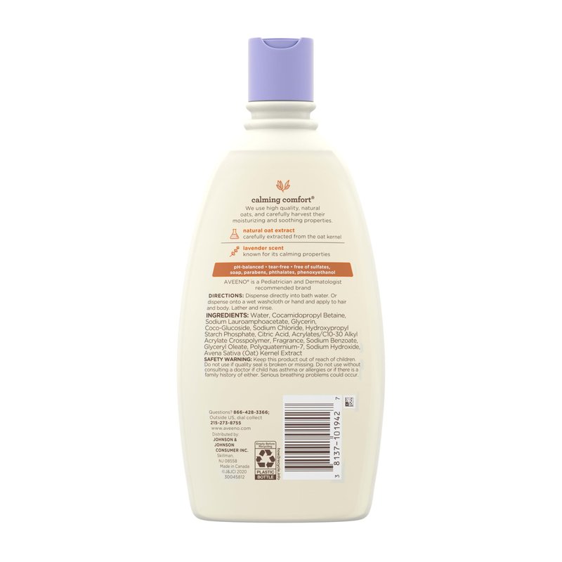 Aveeno Baby Nighttime Calming Comfort Bath, Body & Hair Wash with Relaxing Lavender & Vanilla Scents & Natural Oat Extract, Tear-Free Formula, Paraben-, Phthalate- & Soap-Free, 18 Fl. Oz