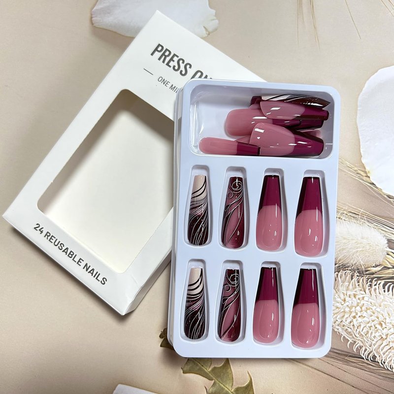 Press On Nails - Medium Length Red French Design with Gold Lines | Reusable Acrylic Full Cover 24 Pcs